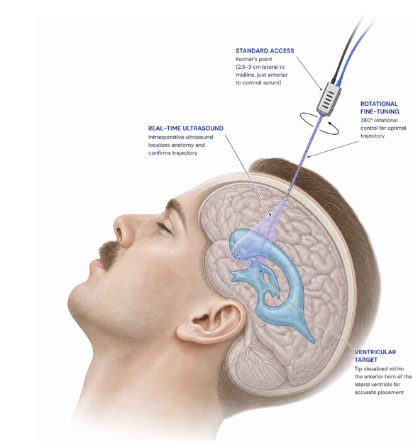 Illustration of ventricular access with an ultrasound-tipped stylet